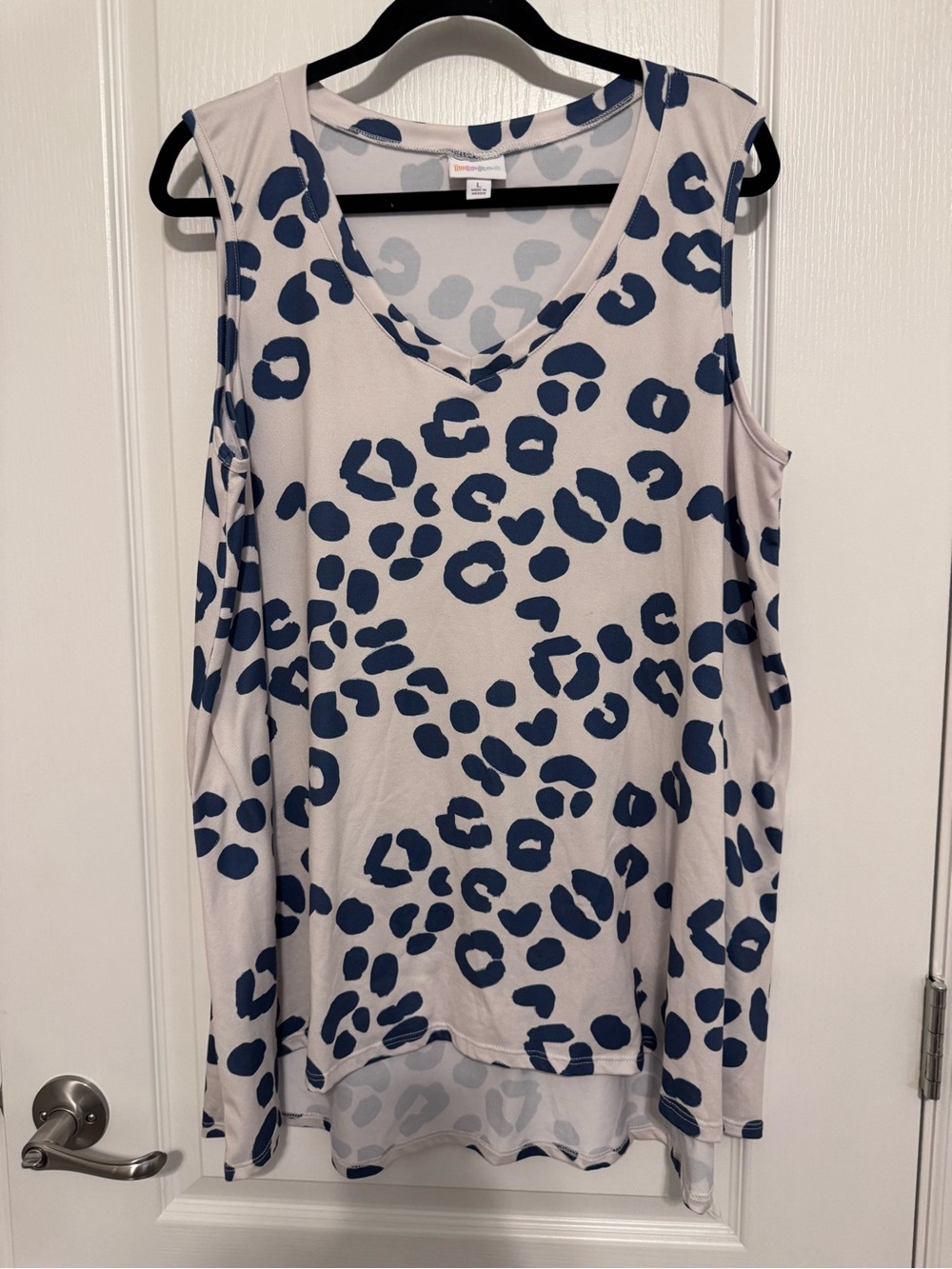LuLaRoe Sleeveless V-Neck Tank with Blue Leopard Print on Light Gray